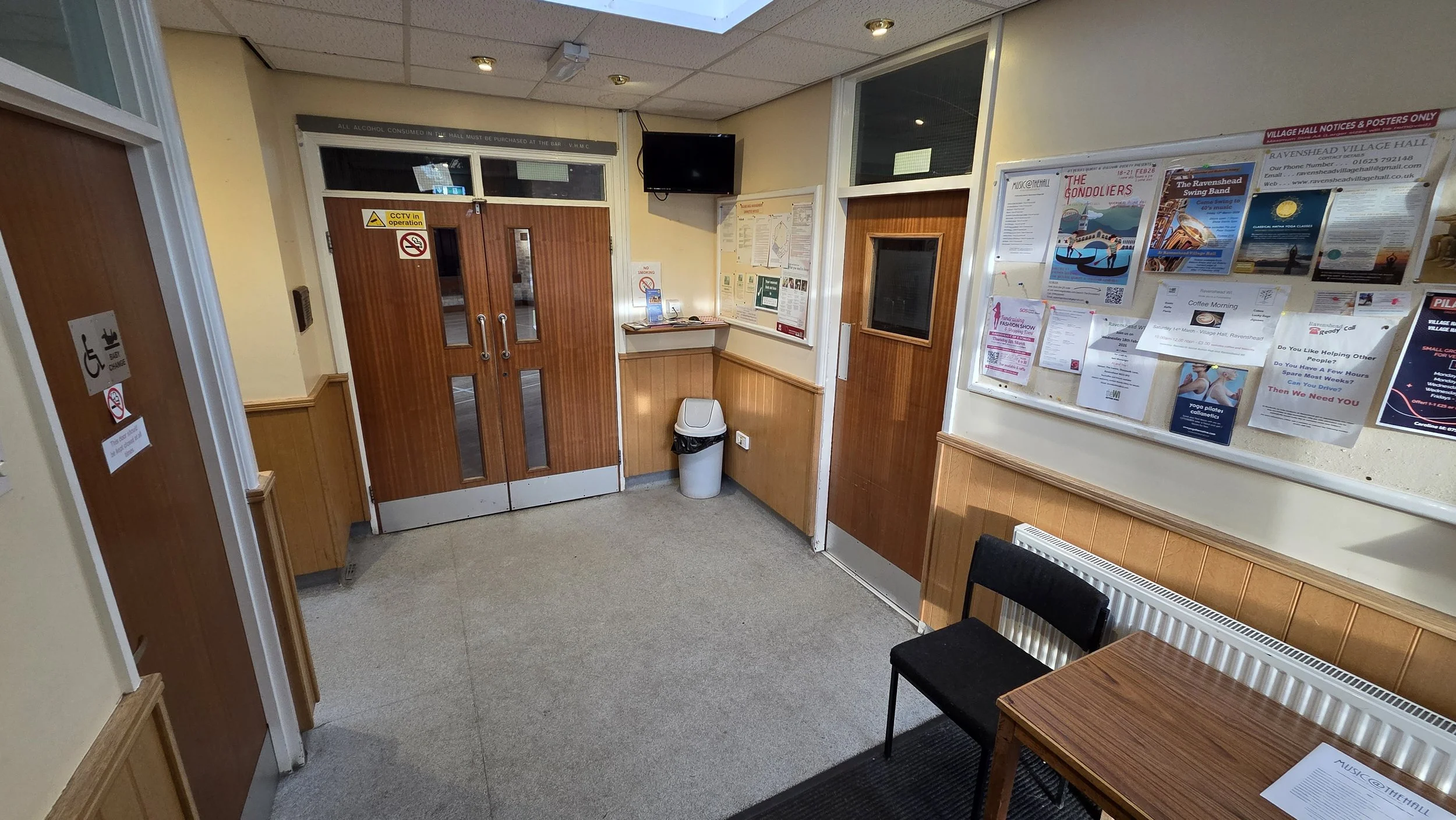 This is the main entrance lobby with the photo taken from the front door. The single door on the left is the Accessible WC, the double doors in the centre lead to the Main Hall and the single door on the right leads to the kitchen.