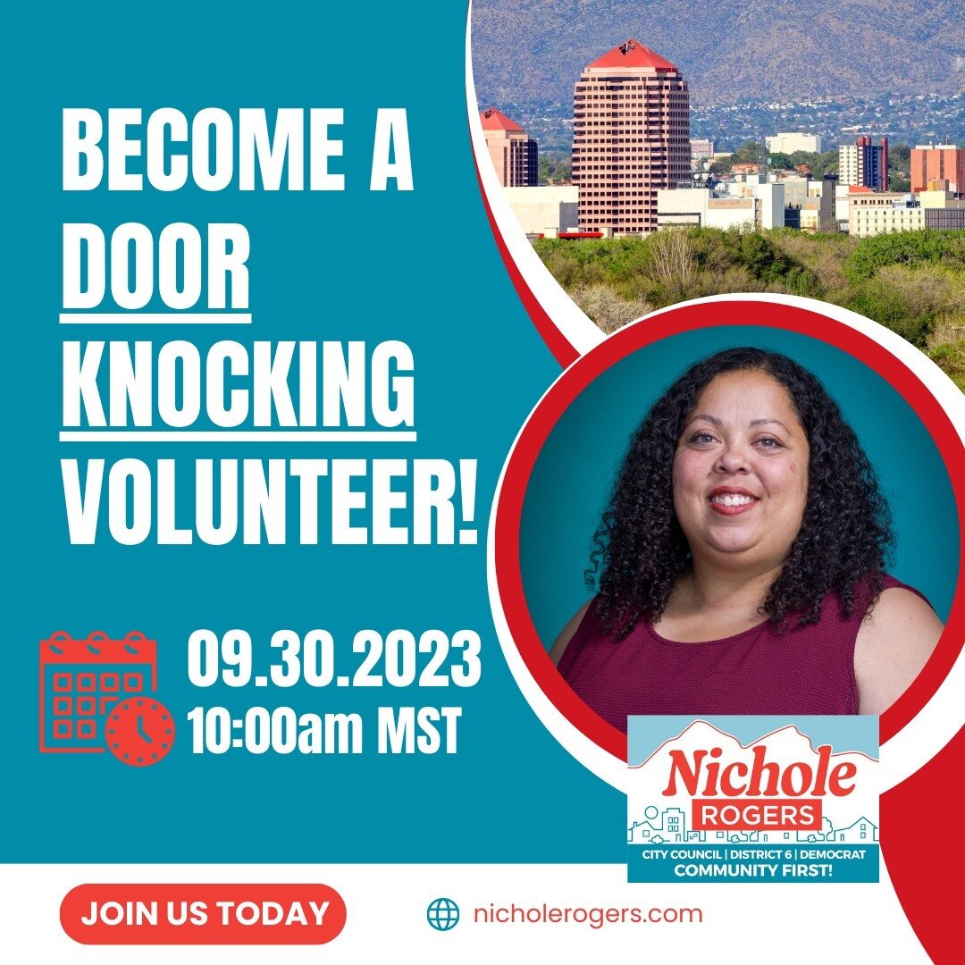 Calling all community champions! 📣 Join us this Saturday, Sept. 30, at 10:00am meeting at UNM Johnsons Field. for volunteer door knocking. Let's connect with our neighbors and share the vision for a brighter Albuquerque. Slide into our DMs to sign u