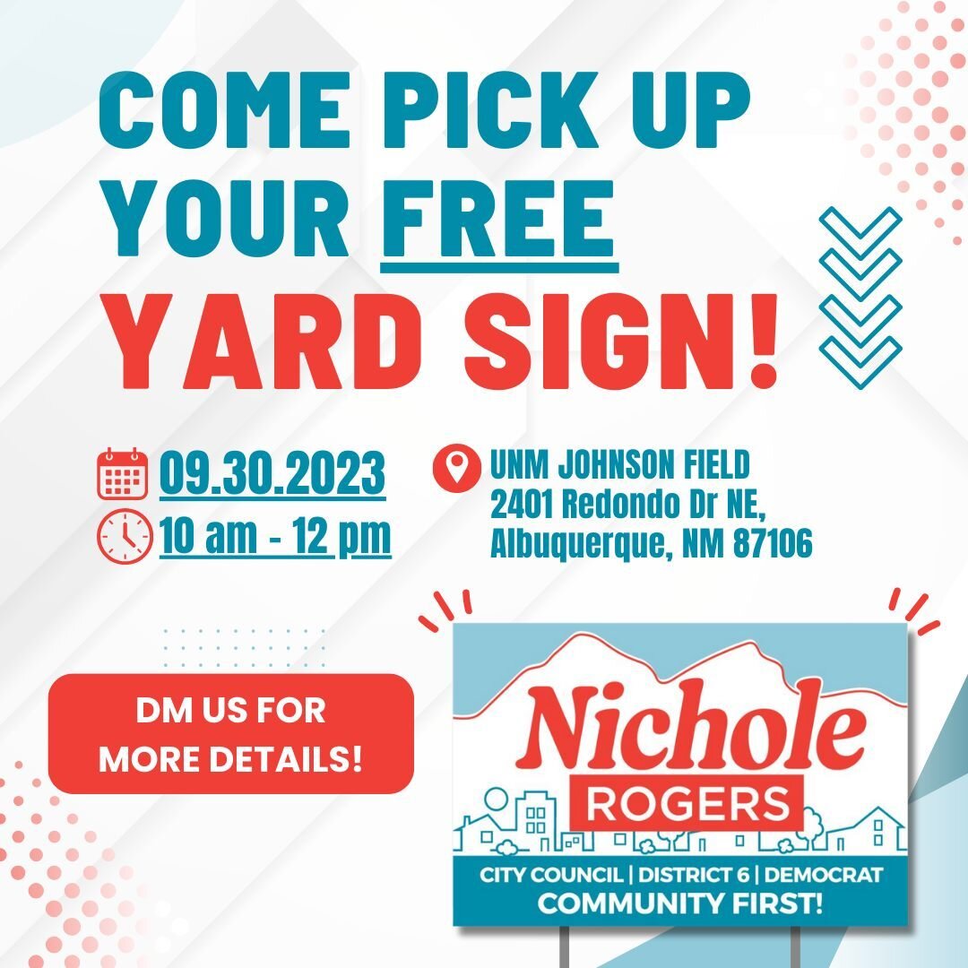 🎉 Big Announcement! 🎉 Swing by UNM Johnson Field this Saturday, Sept. 30th, between 10am and 12pm to grab your FREE Nichole Rogers for City Council yard sign! Let's paint the town with our vision for a better Albuquerque. DM to RSVP! 🌆✨ 
.
.
.
#Ni