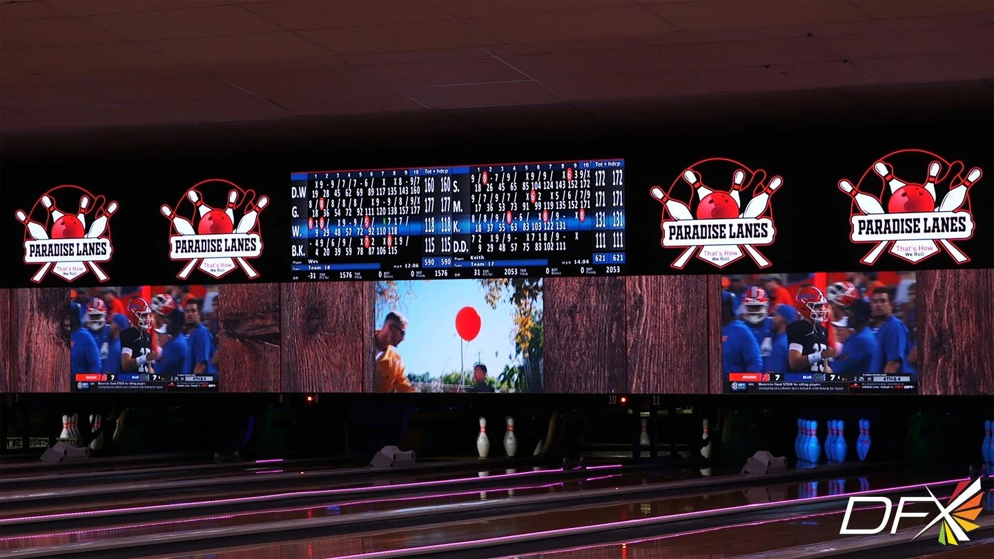 DFX's VersaLED Video Masking Unit System is one of the most versatile video systems available to deliver the WOW factor to your entertainment center! The system provides multiple different layout options including bowling scoring, 2-8 lane pair graph