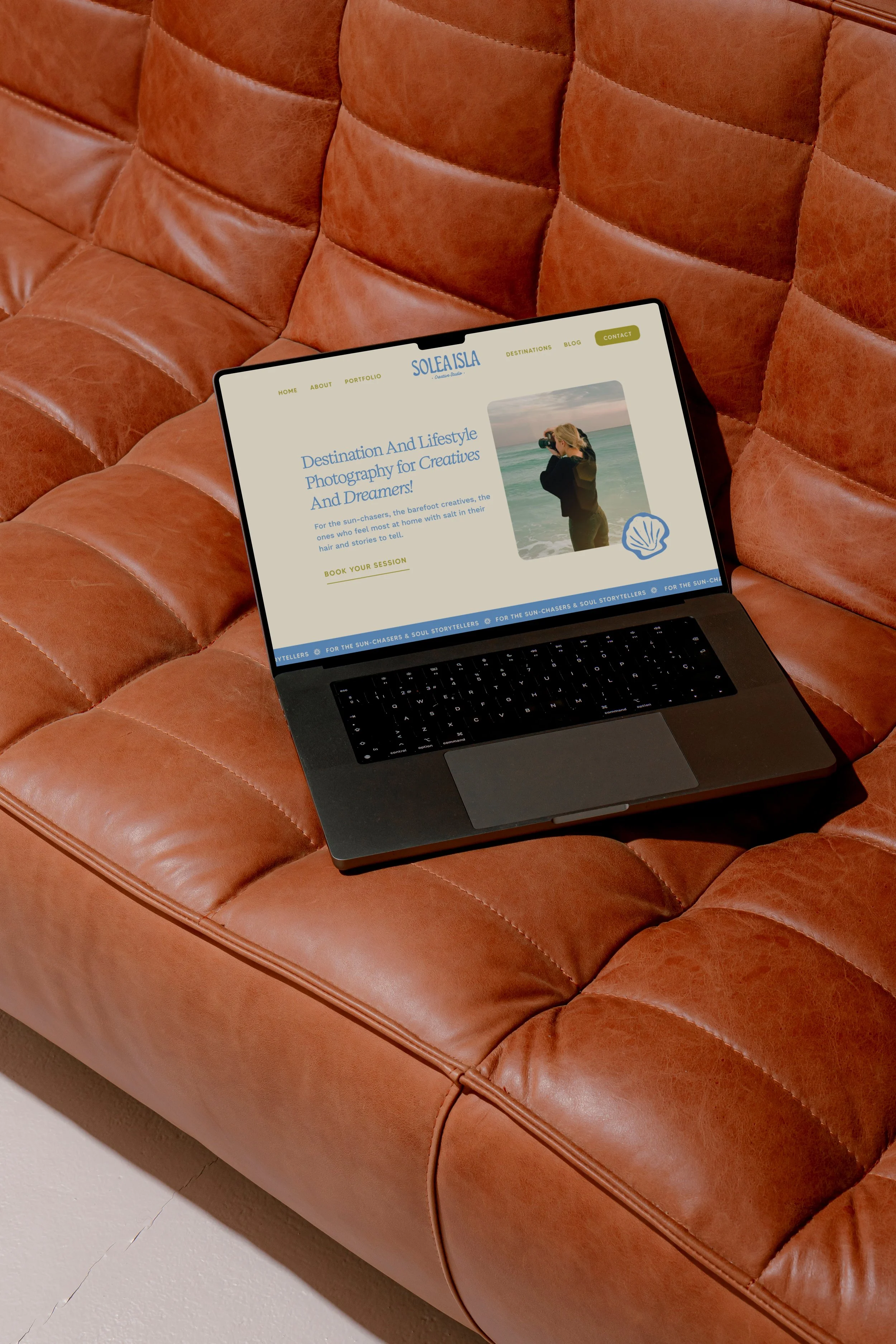 Website design for Solea Isla displayed on a laptop, blending warm tones and coastal-inspired branding.
