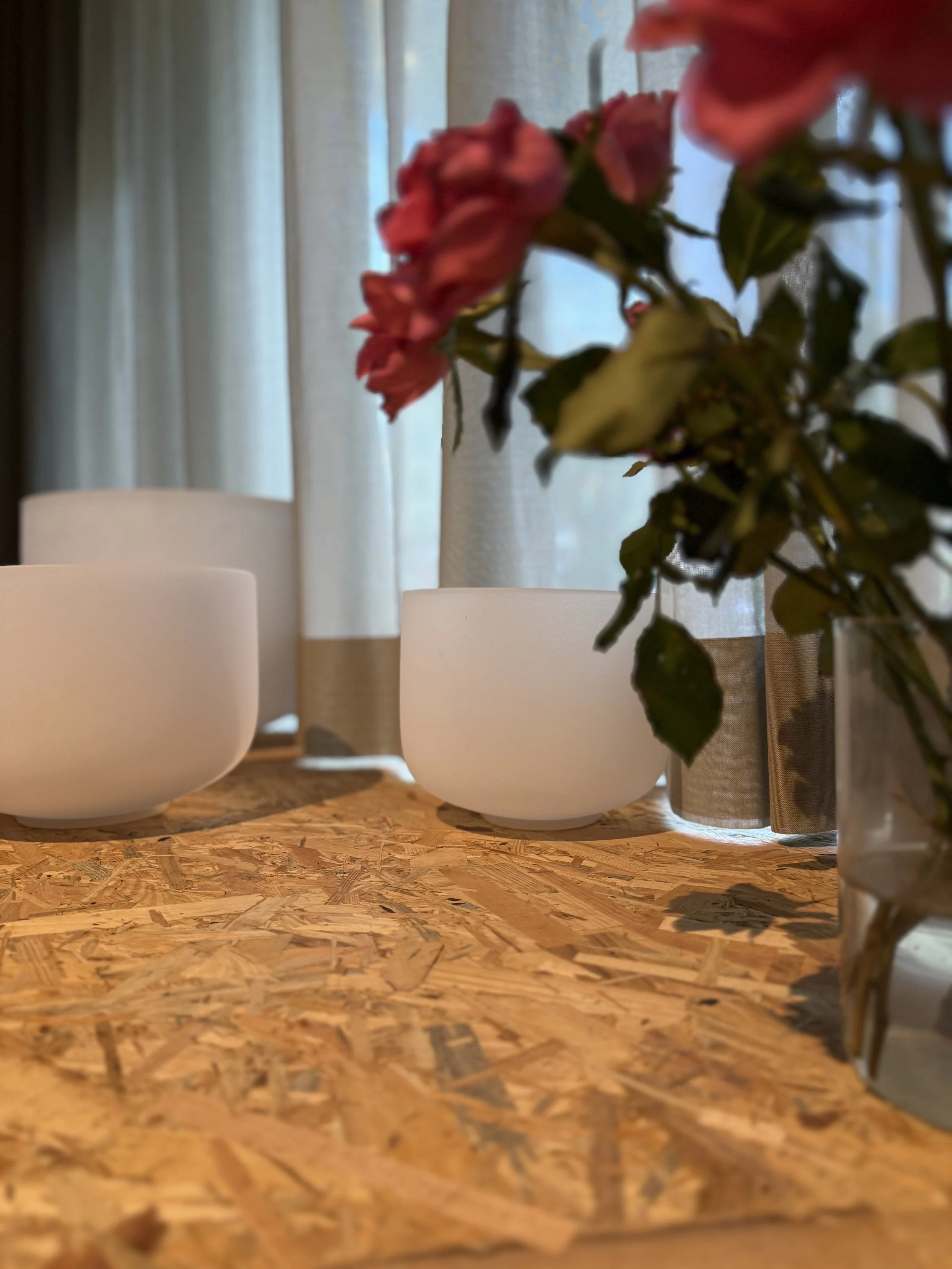 Crystal frosted bowls and flowers in yoga in a bag studio in Albisrieden.