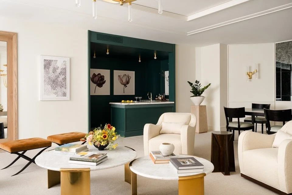 I enjoy photographing a space from multiple perspectives, not simply to show more of the room, but to reveal how each design decision connects to the next.

Here, repeating tones of deep green, soft blue, warm gold, and dark wood create a natural rhy