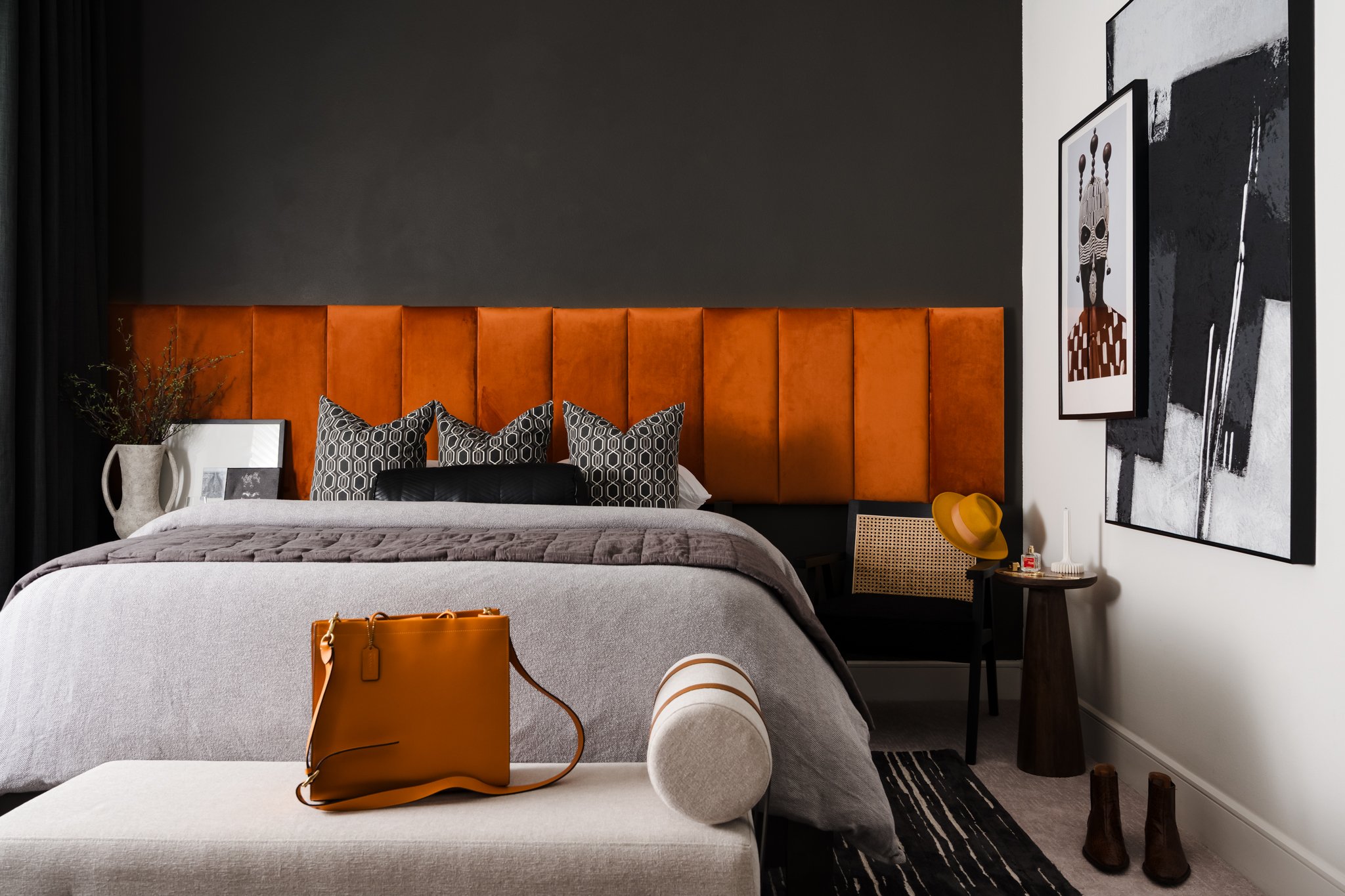 dallas-interior-design-photographer-modern-bedroom-orange-velvet-headboard-3.jpg
