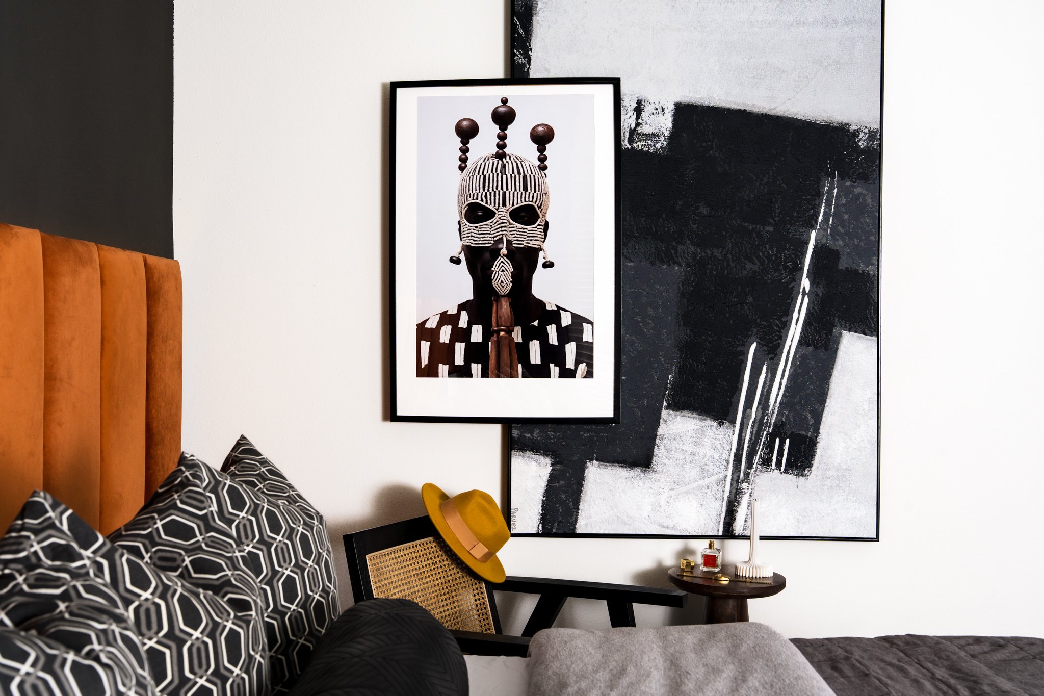 dallas-interior-design-photographer-modern-bedroom-orange-velvet-headboard-2.jpg