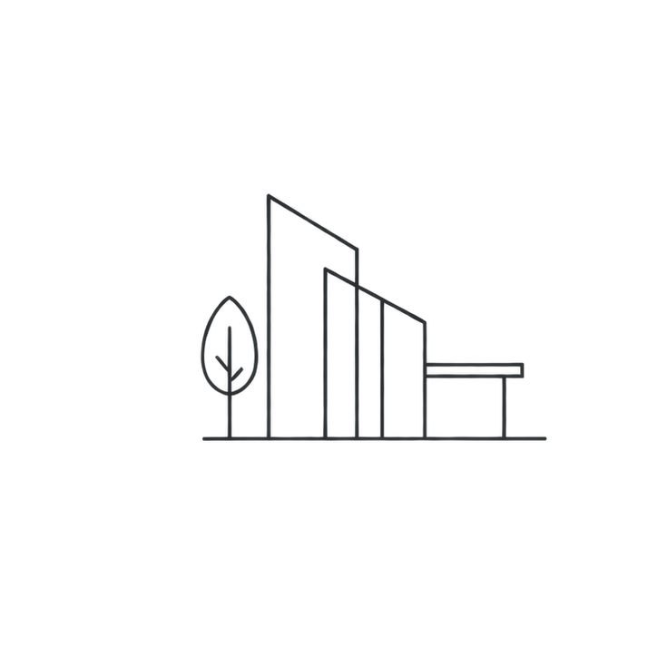 Minimalist line drawing of a modern building, a tree, and a bench.