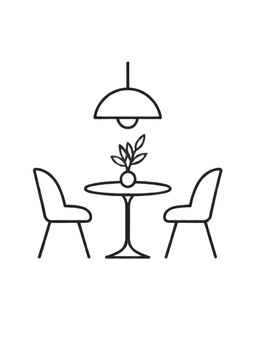 Line drawing of a living room corner with a round table, two chairs, a hanging lamp, and a potted plant.