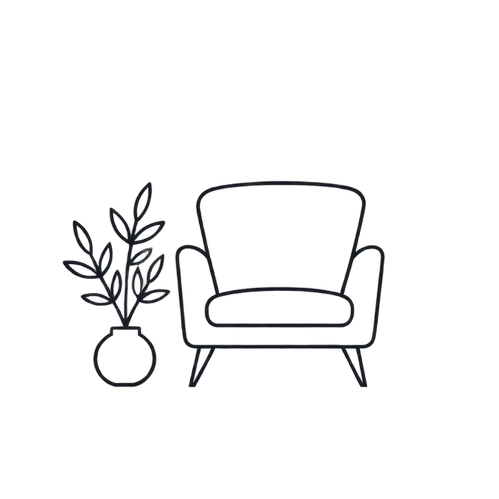 Line drawing of a modern armchair and potted plant with leaves to the left.