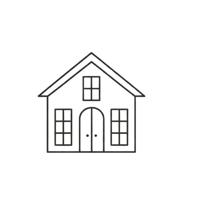 Simple black and white line drawing of a house with a pitched roof, four windows, and a double door.