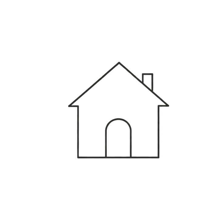 A simple black line drawing of a house with a pitched roof, a chimney, and a rounded door.