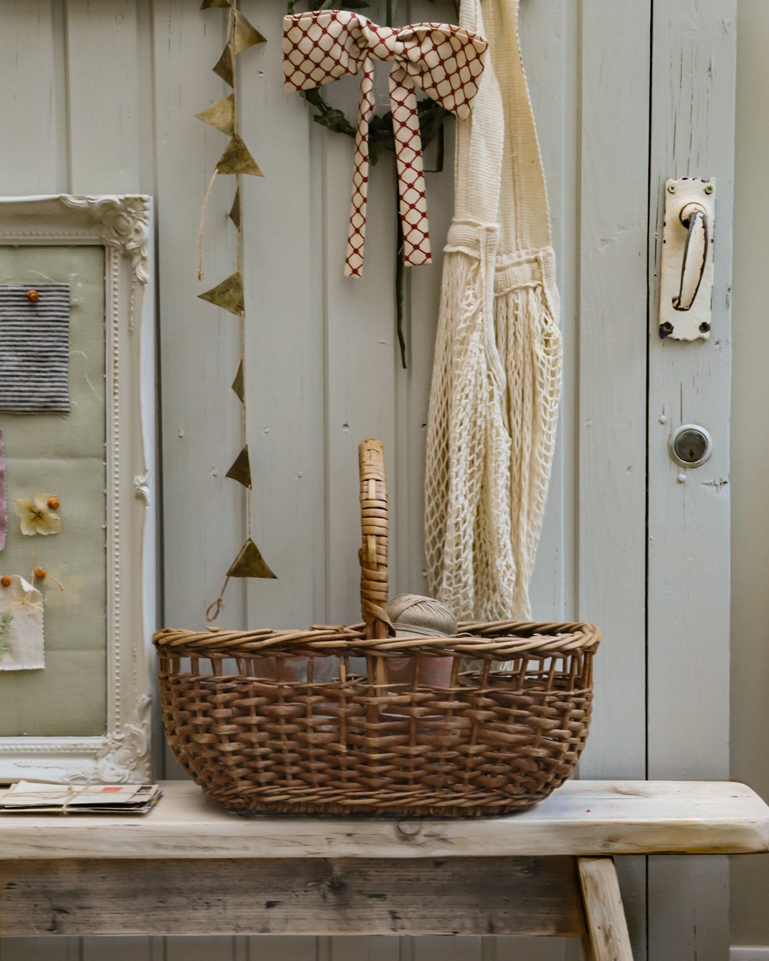 Rustic French wicker basket with vintage props