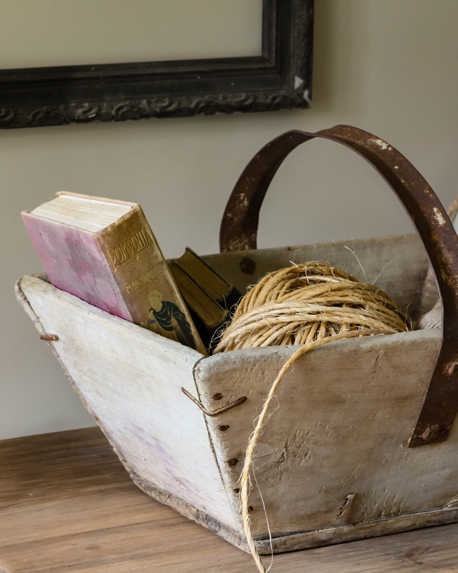 Vintage wooden trug close up on a table