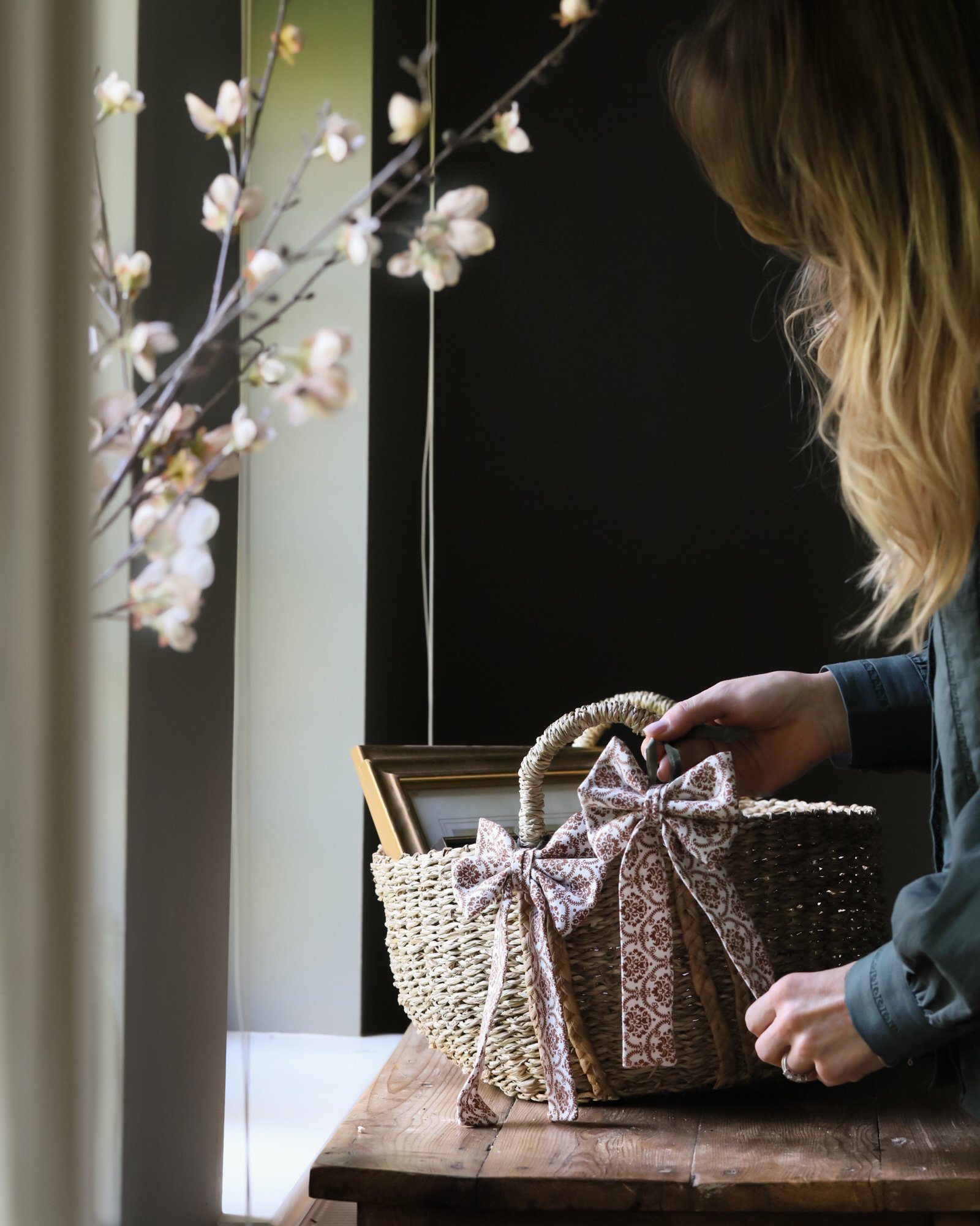 Vintage fabric bow on a basket