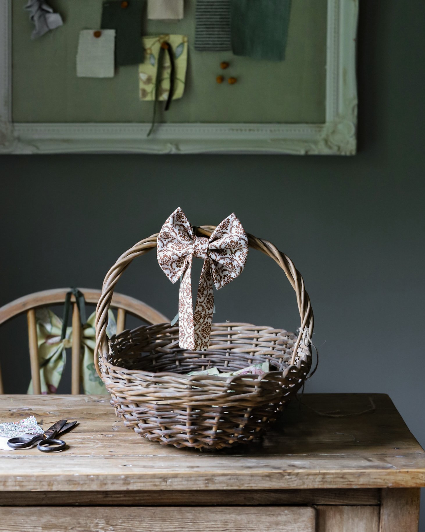 Vintage bow tied to an old basket