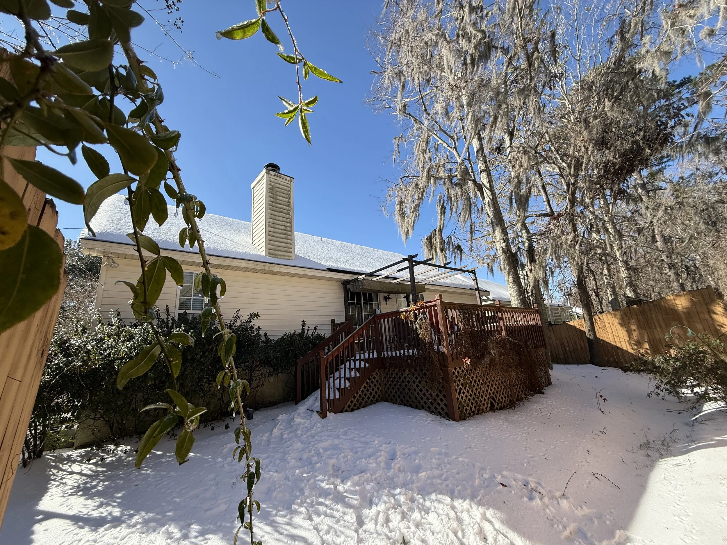 Backyard scene in winter with snow on the ground, a wooden deck, leafless trees, and a house with a chimney against a clear blue sky.