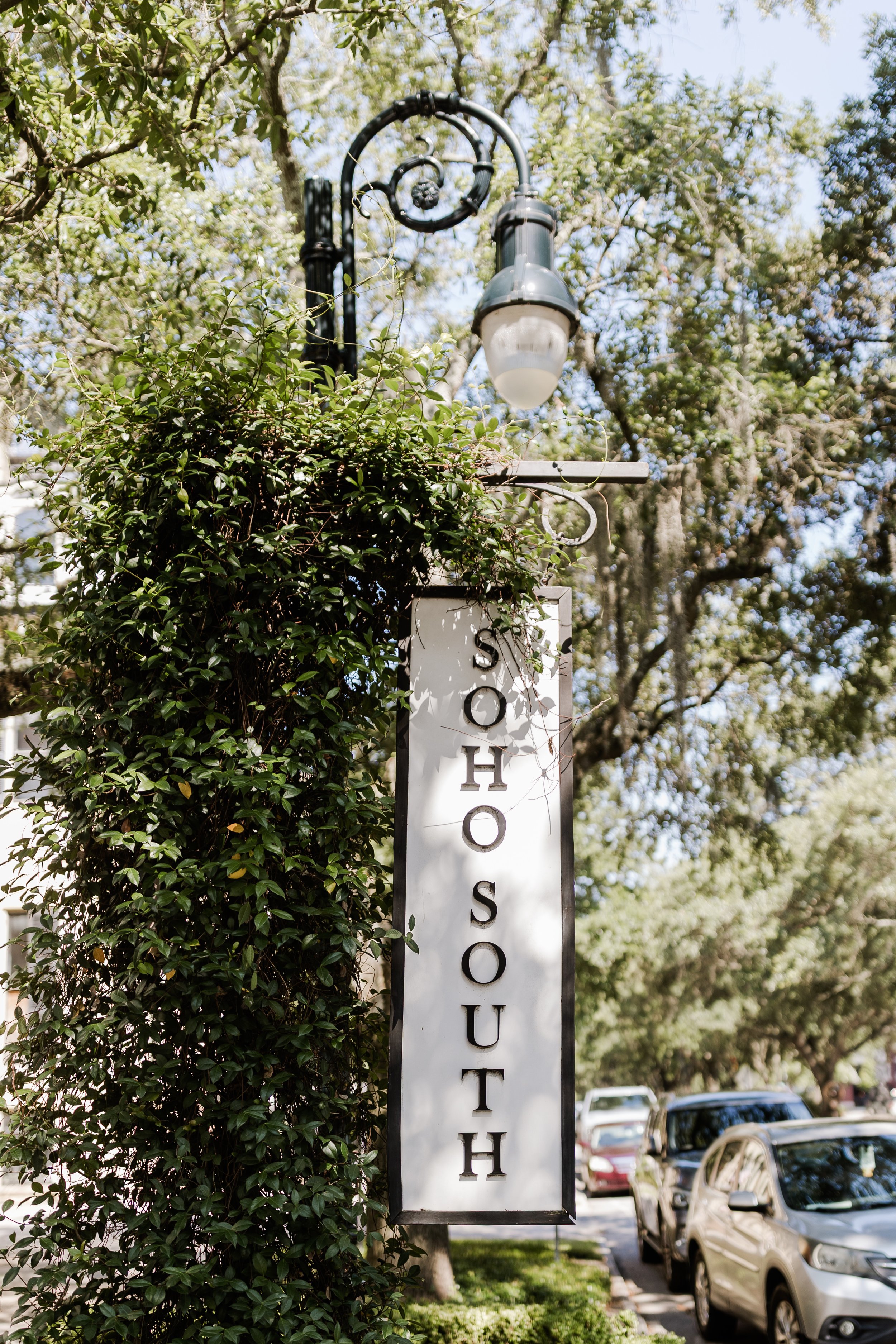 A vertical sign with the words "Sohosouth" hanging from a decorative metal arm attached to a lamppost. The sign is partially covered by some green vines. The background shows parked cars and trees in a sunny outdoor setting.