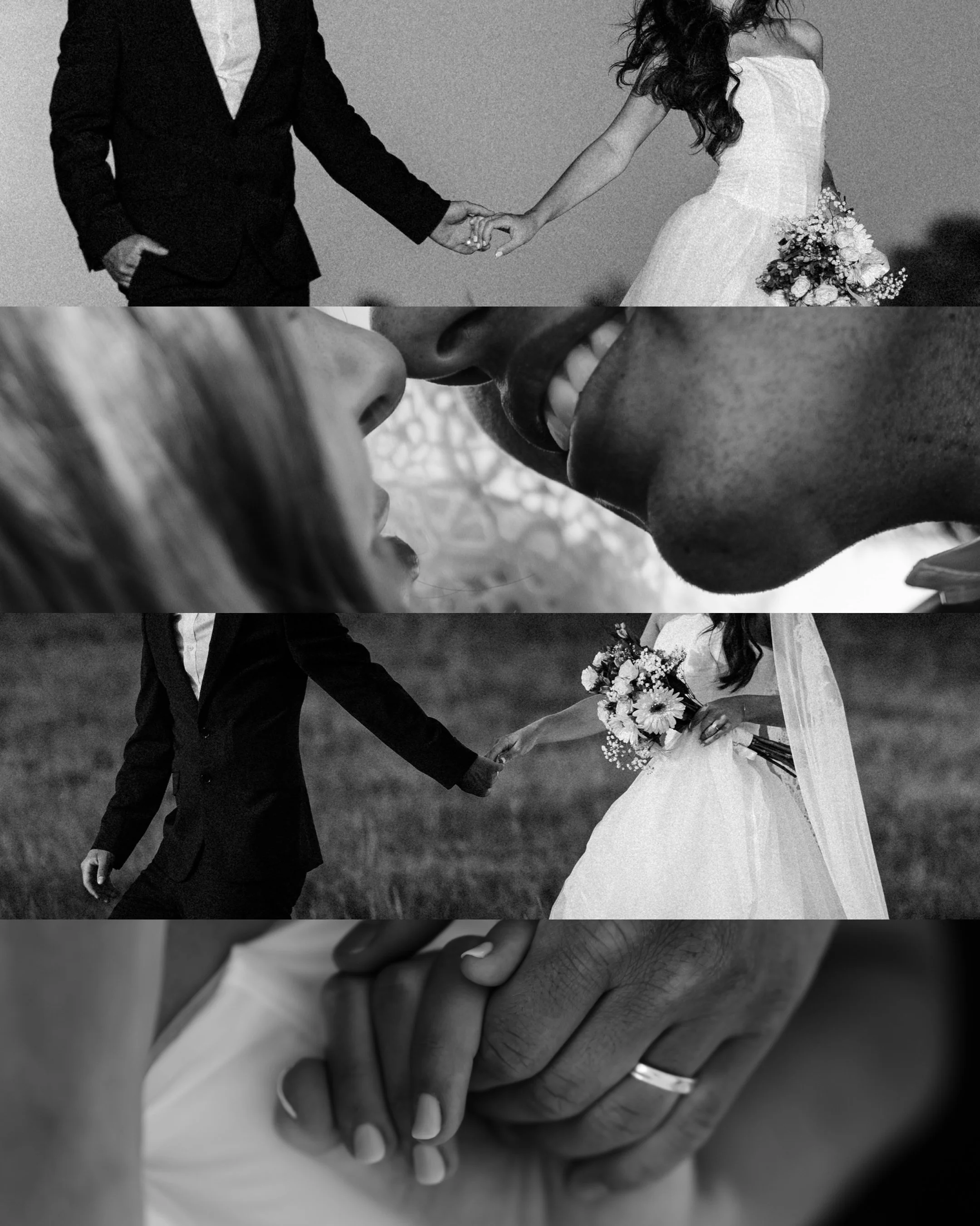 Close-up of hands clasped together, with wedding rings, featuring a man in a suit and a woman in a wedding dress holding a bouquet of flowers, wedding scene, black and white photography.