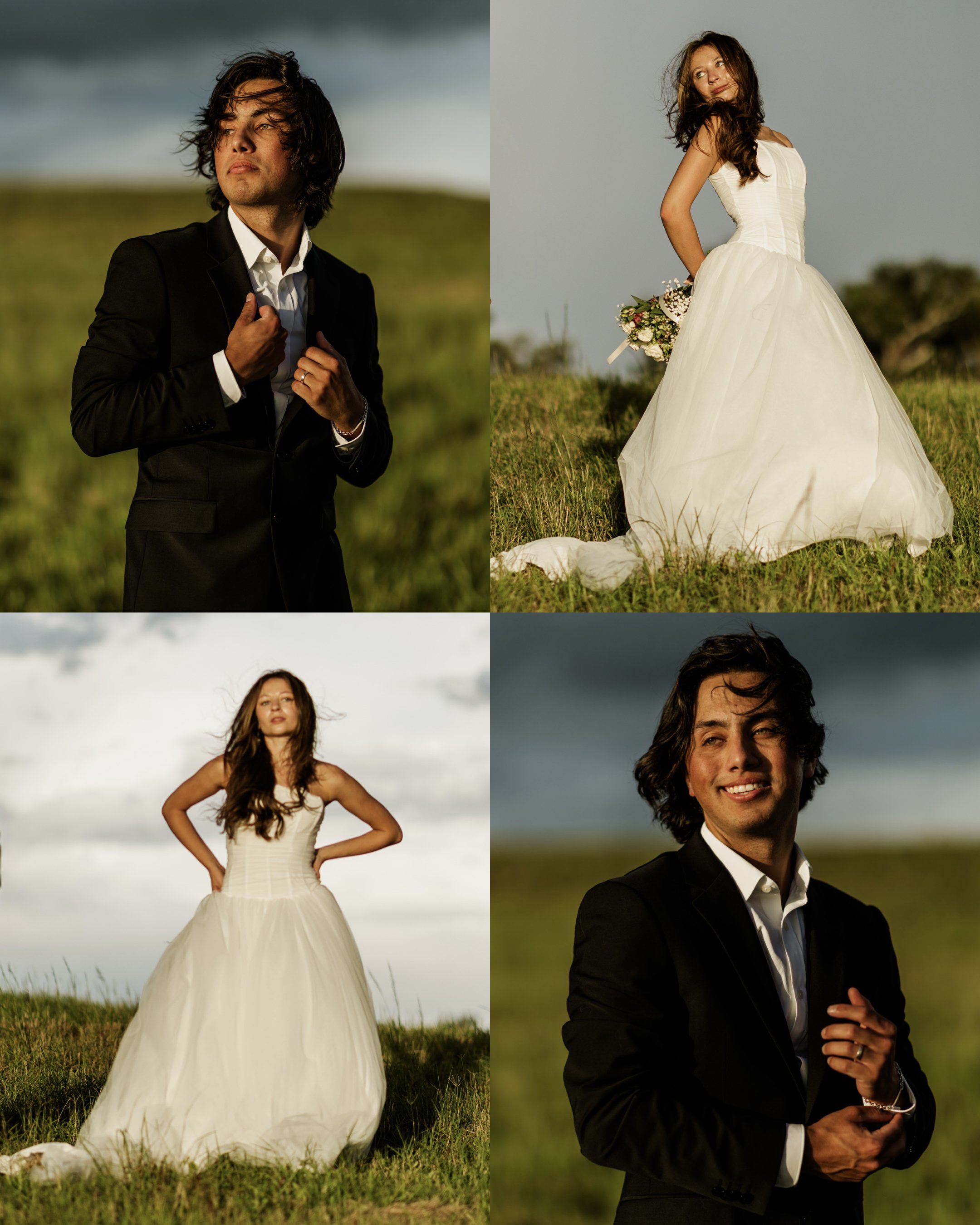 Collage of four photos featuring a man and a woman outdoors. The man, wearing a black tuxedo, is in two photos, one with a hand on his heart and another with his hand on his chest. The woman, in a white wedding dress, is also in two photos, one with 