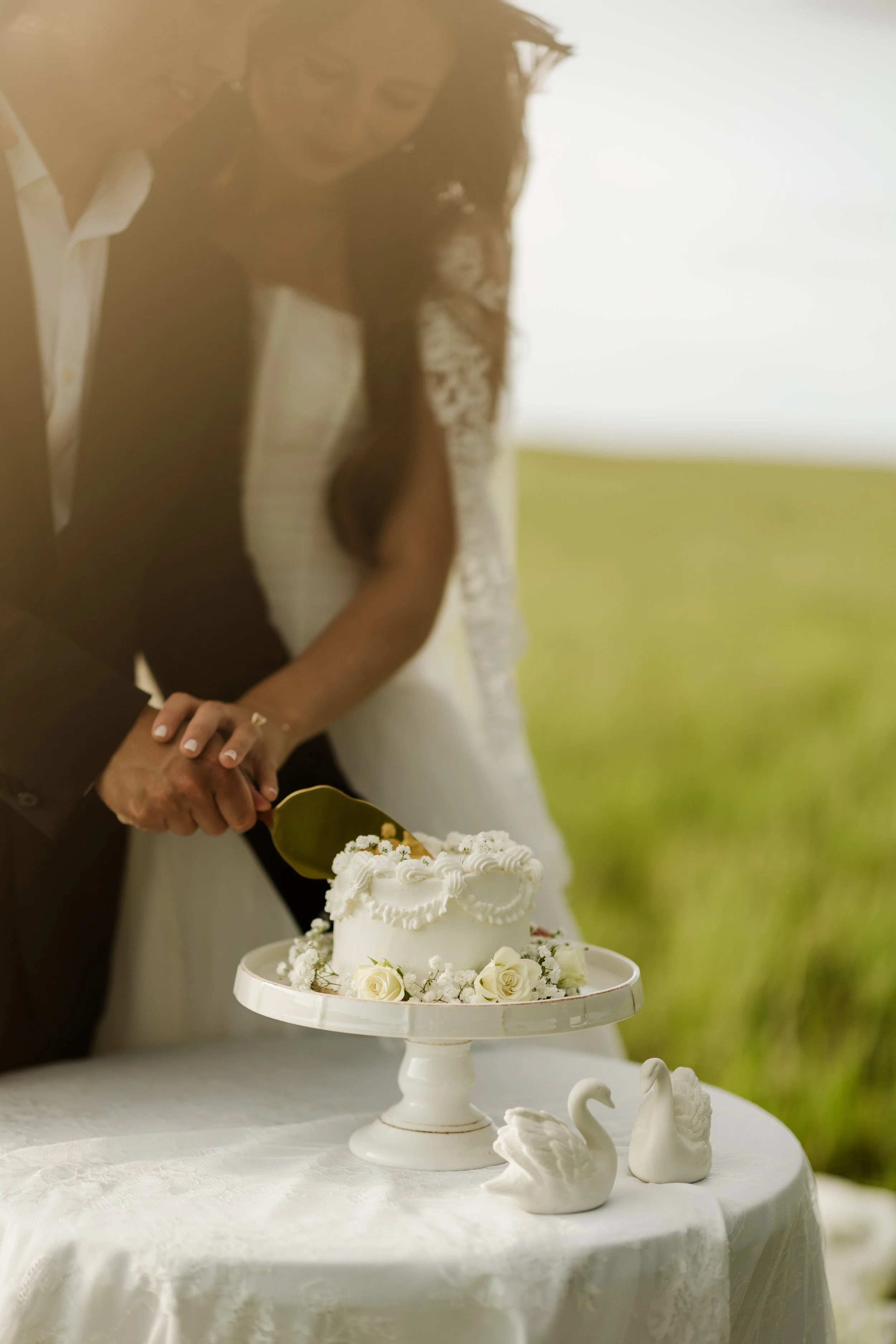 A couple holding hands cutting a white wedding cake decorated with white roses and small white flowers. The cake is on a white cake stand, and there are white swan and bird figurines on the table. The setting appears to be outdoors with a blurred gre
