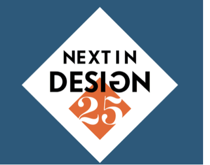 Logo with the text 'Next in Design 25' inside a white diamond shape on a blue background.