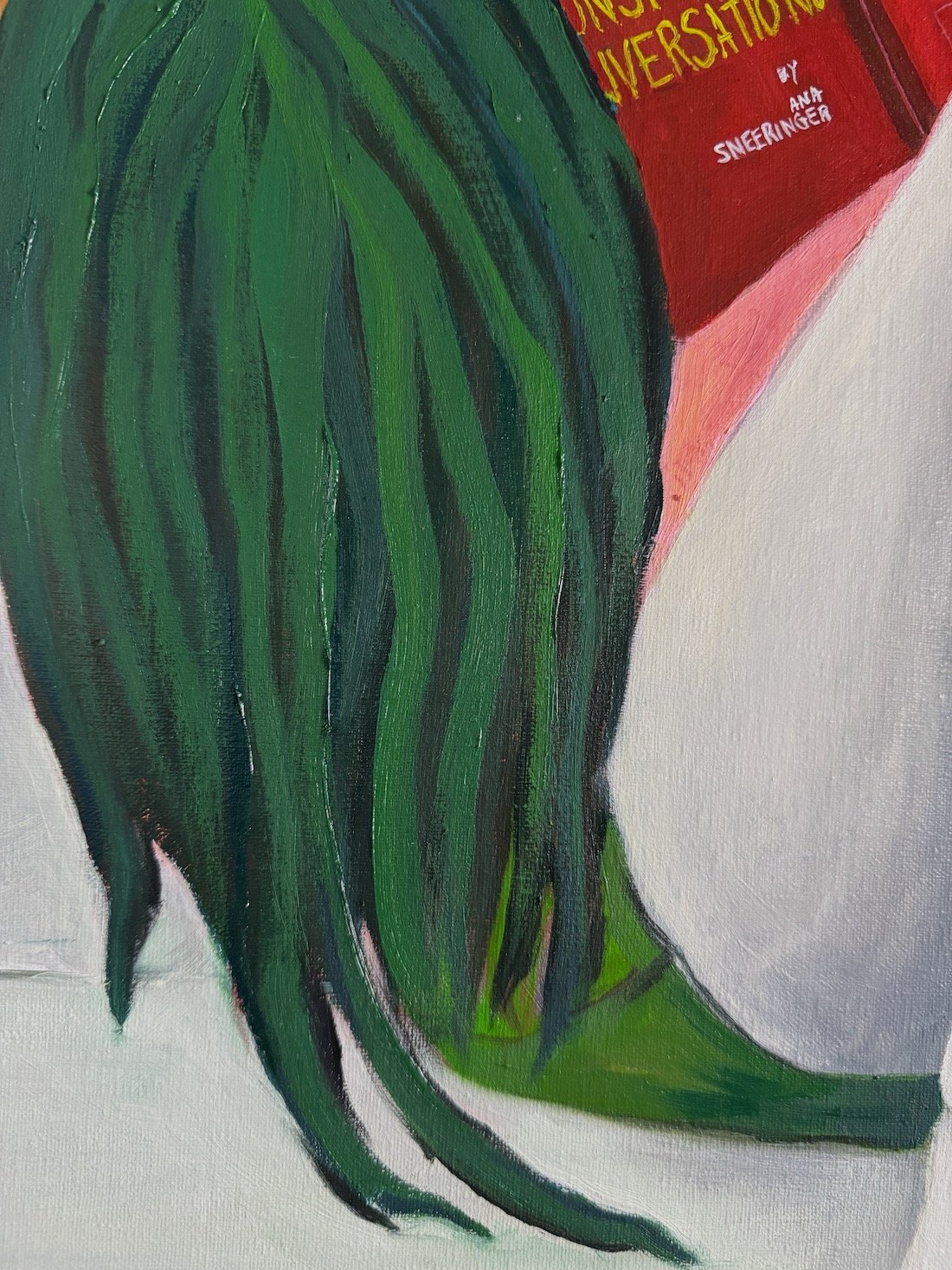 Close-up of textured green sleeve and layered brushwork from Ana Sneeringer’s painting Unspoken Conversations.