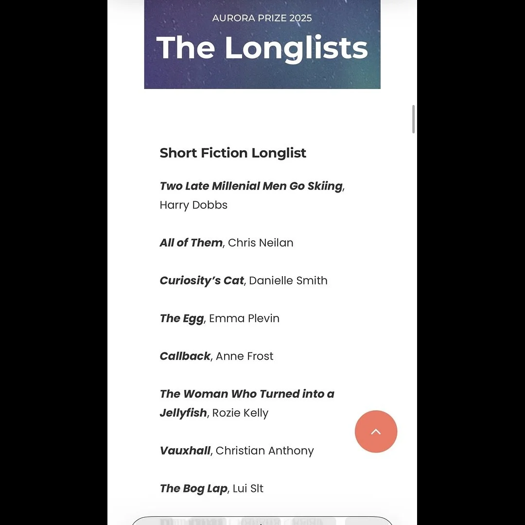 My adult short story- The Bog Lap- has been long-listed for the 2025 Aurora Prize for short fiction. I&rsquo;m stoked. They had over 1300 entries so to make it to the 25 pieces on the short fiction long-list feels good. Congratulations to all on both
