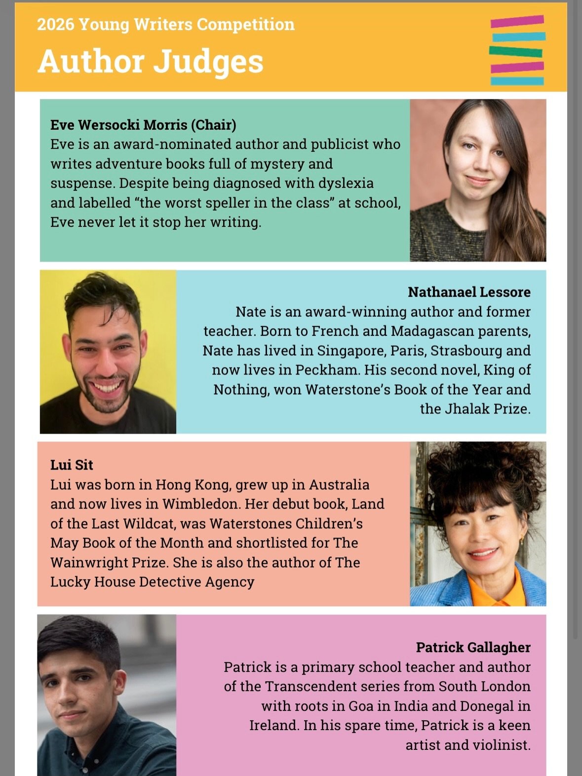 I&rsquo;m delighted to be a judge along with @natelessore @pgallagherbooks &amp; @eve_wersocki for the 2026 Wimbledon BookFest Young Writers Competition! The theme this year is - The Light!💡🔦🕯️☀️Highly commended &amp; winning entries will be publi