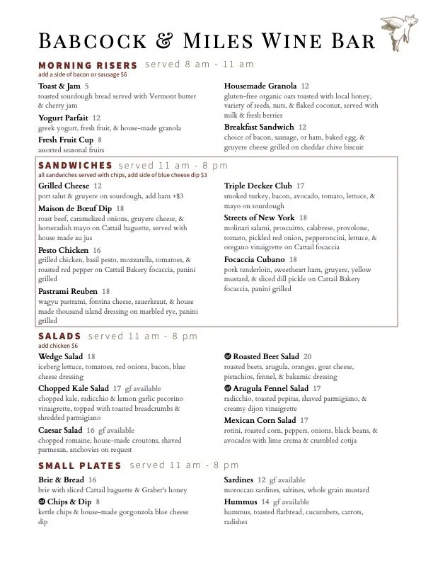 Menu from Babcock & Miles Wine Bar listing various breakfast, sandwich, salad, and small plate options with prices, served from 8 am to 11 am or 11 am to 8 pm, including details of ingredients and preparation.