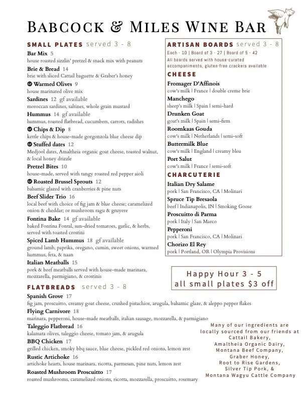 Babcock & Miles Evening menu example