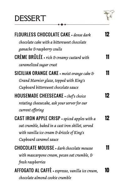 Babcock & Miles typical Dessert menu, subject to change