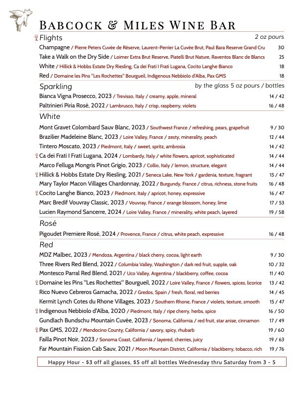 Babcock & Miles typical Wine List offering, subject to change