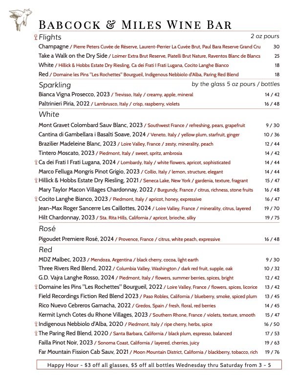 An image of a Babcock & Miles wine list