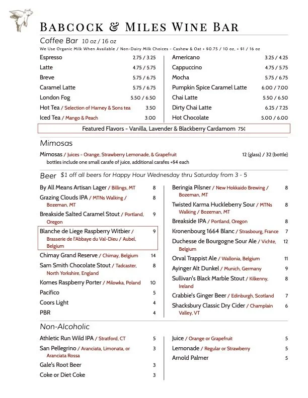 An image of a Babcock & Miles beer and mimosa list