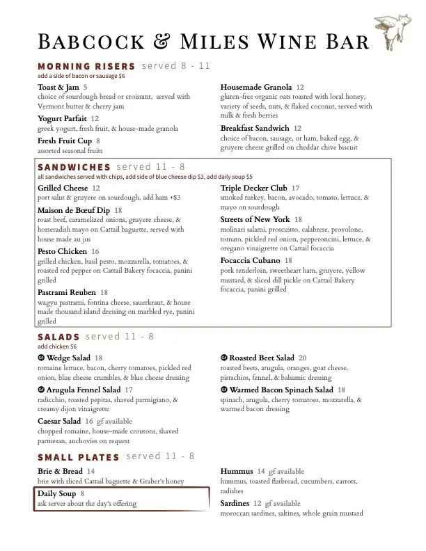 Babcock & Miles Day menu example
