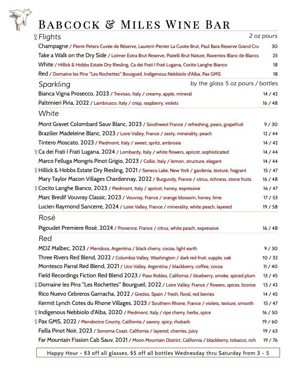Babcock & Miles Wine menu example