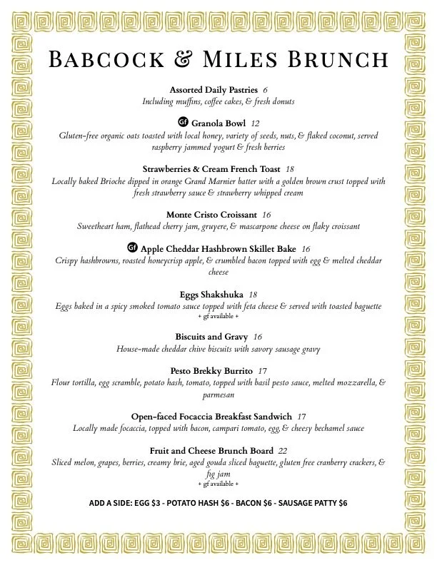Babcock & Miles typical Sunday Brunch menu, subject to change