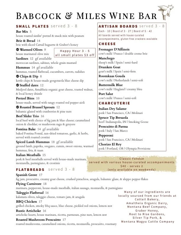 Babcock & Miles typical Dinnertime menu, subject to change