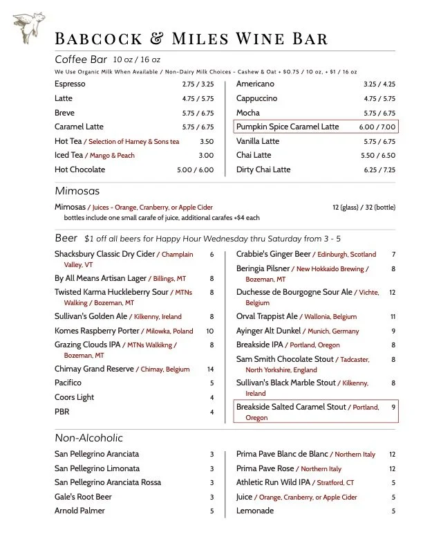 Babcock & Miles typical Beer, Mimosa and NA offering, subject to change