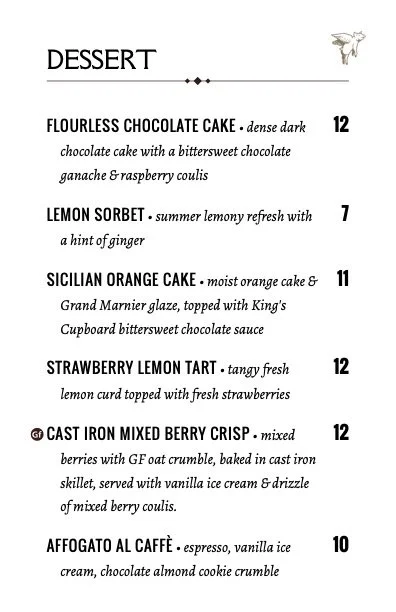 Menu section titled 'DESSERT' listing six items: Flourless Chocolate Cake, Lemon Sorbet, Sicilian Orange Cake, Strawberry Lemon Tart, Cast Iron Mixed Berry Crisp, and Affogato Al Caffè, each with descriptions and prices.