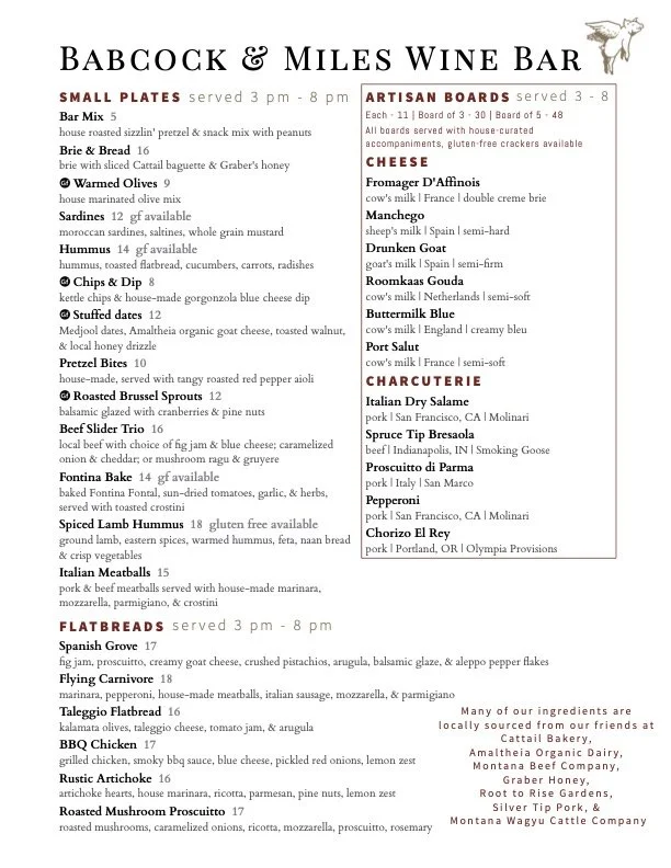 Menu from Babcock & Miles Wine Bar listing small plates, artisan boards, cheese, charcuterie, and flatbreads, with prices and descriptions.
