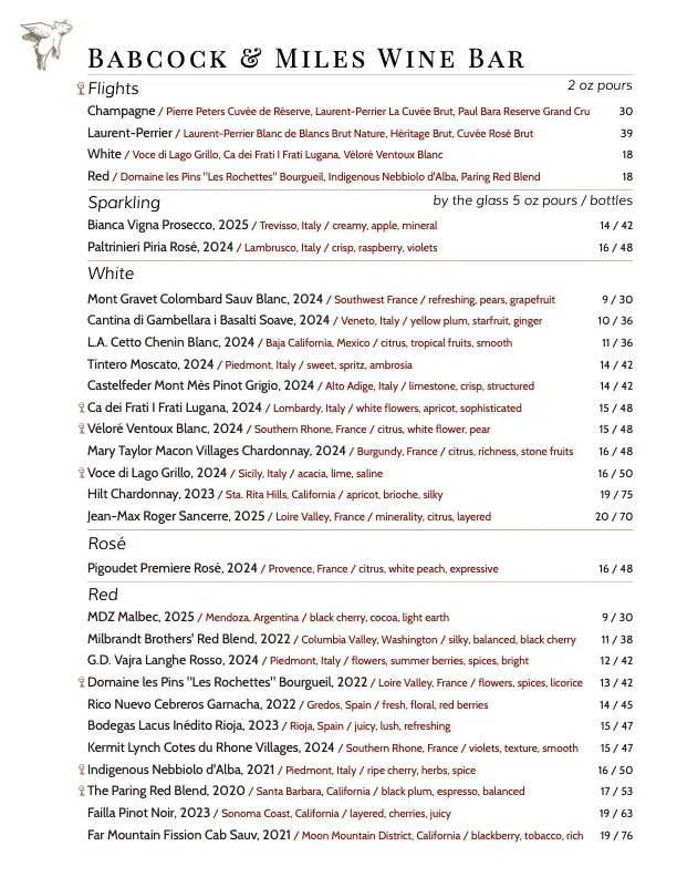 Menu from Babcock & Miles Wine Bar listing various wines and prices, including flights, sparking, white, rosé, and red options.