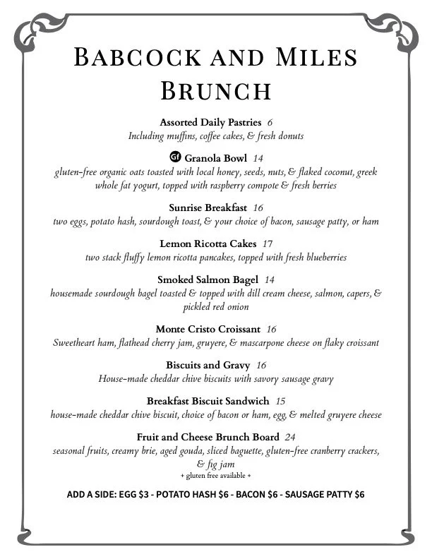 an image of a Babcock & Miles brunch menu
