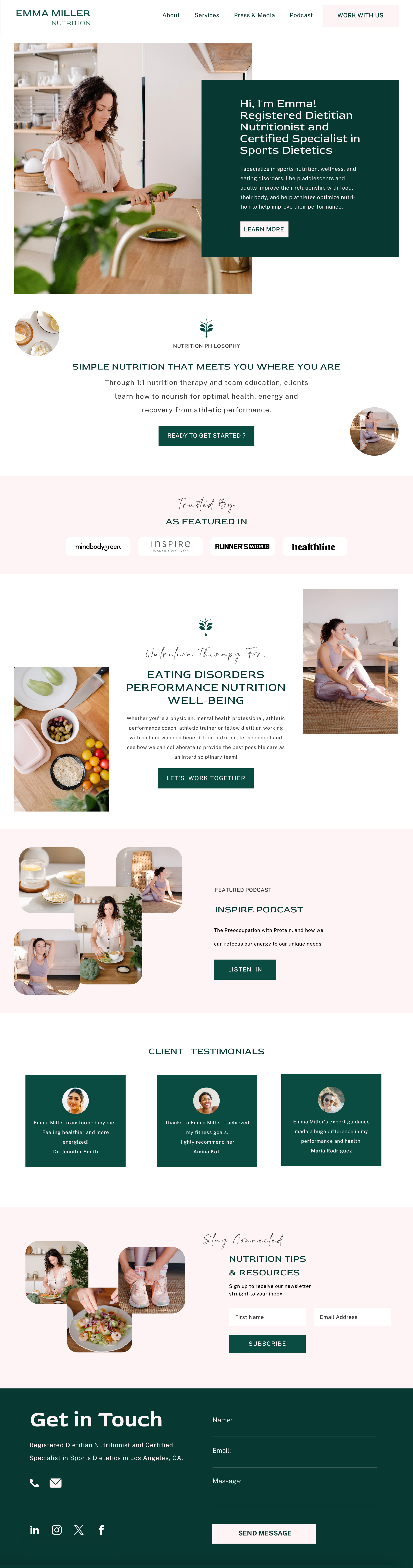 Screenshot of Emma Miller's nutrition website homepage featuring a woman preparing food in a kitchen, salon with healthy food and wellness elements, client testimonials, podcast section, and contact info.