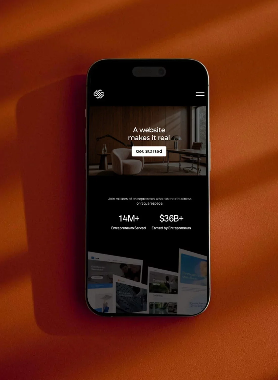 Squarespace website displayed on a mobile phone, showing a responsive website design for service businesses.