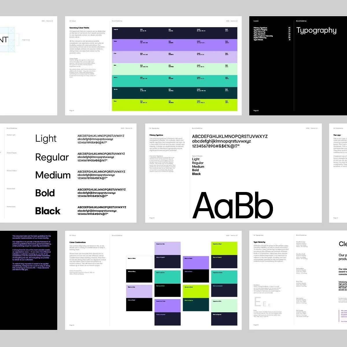 A collection of design guideline pages including color palettes, typography samples, and branding guidelines, with sections on color choices, font styles, and visual identity elements.