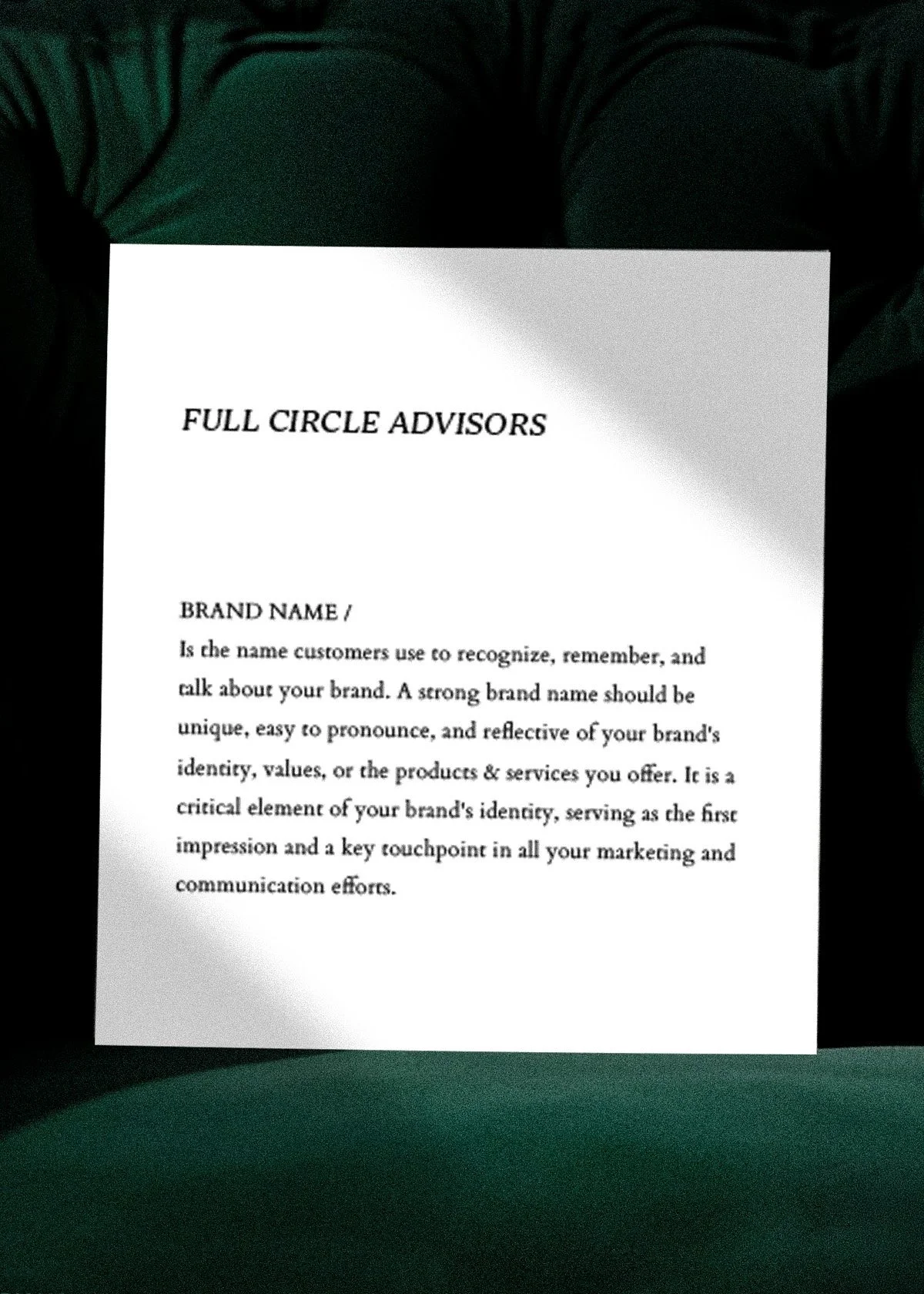 Printed brand naming document for Full Circle Advisors explaining the role of a brand name in building brand identity