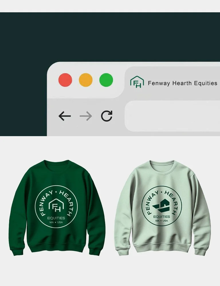 Fenway Hearth website browser and sweatshirt branding design.
