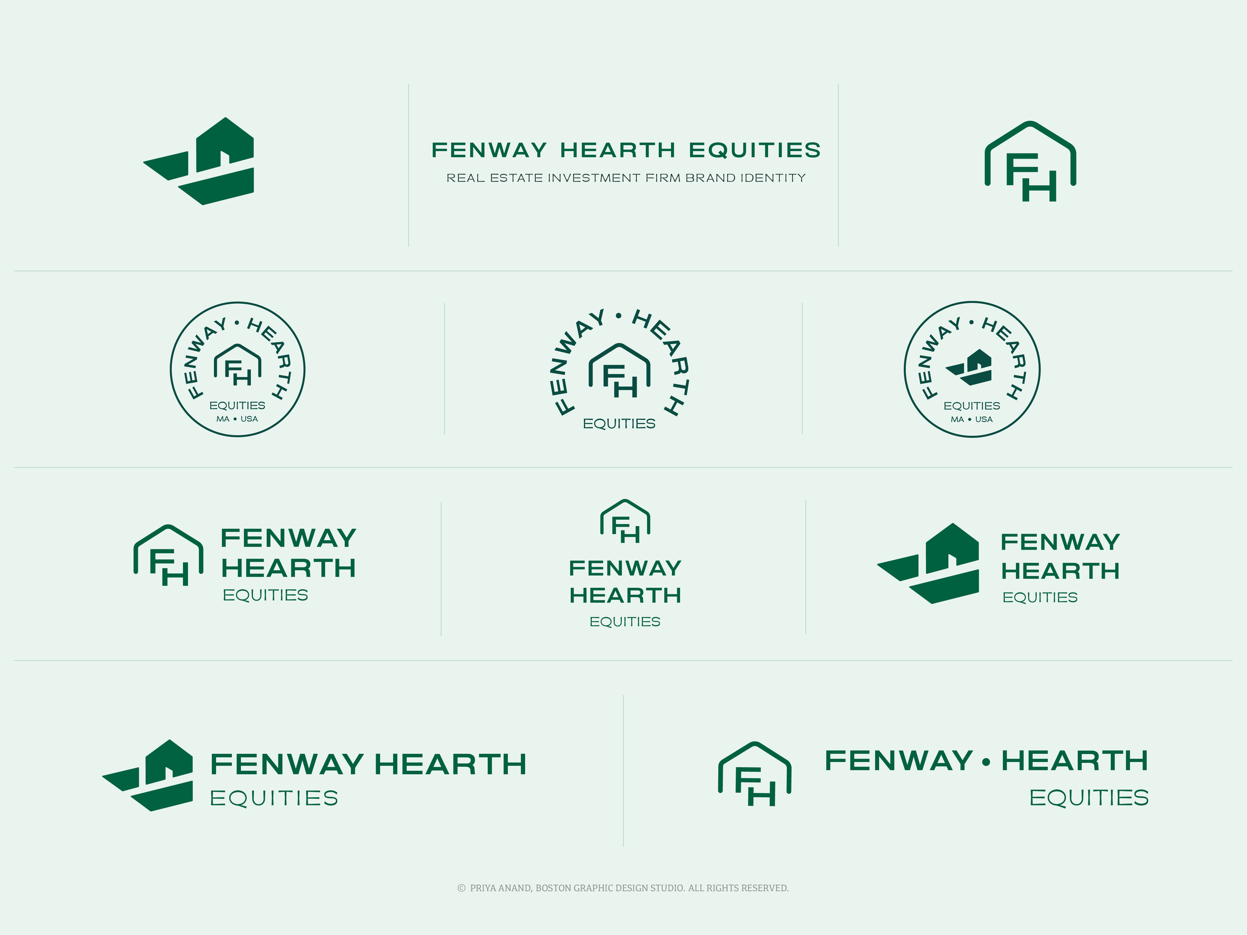 Logo designs and branding elements for Fenway Hearth Equities, including multiple variations of a house with initials 'F' and 'H' in green, displayed on a light background.