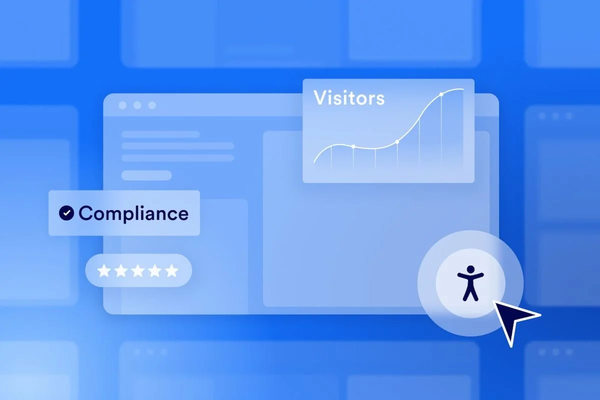 Website performance and accessibility illustration showing visitor analytics, compliance, ratings, and accessibility controls.