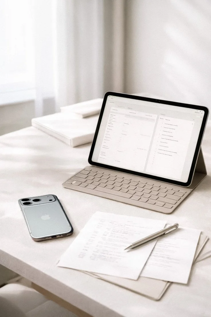 A work desk with tablet, smartphone, and papers.